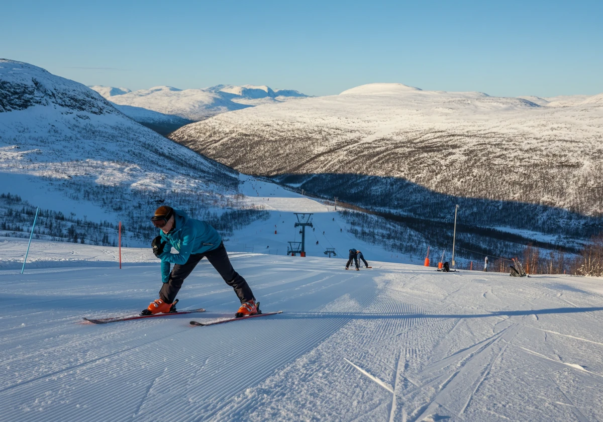 Person varmer opp med tøyning ved foten av bakken for å unngå vintersport skader