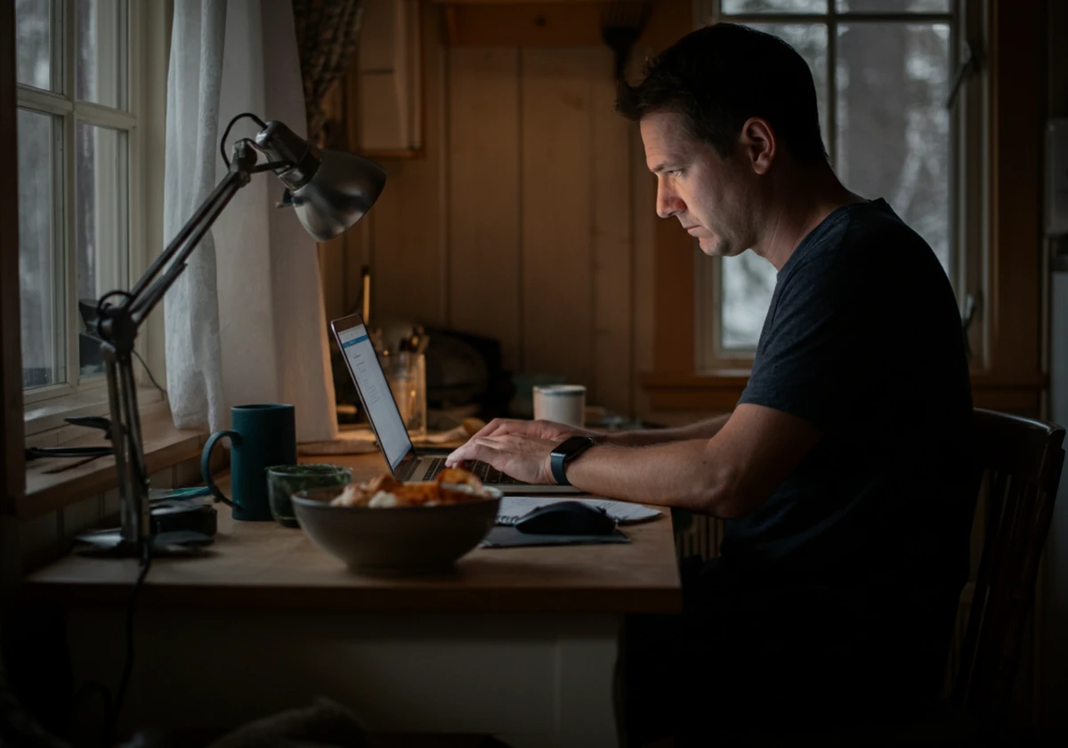 Kontorarbeider sitter foroverlent og får vondt i korsryggen