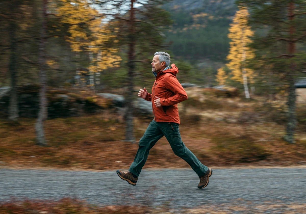 Mann går tur i skogen for å holde ryggen i bevegelse